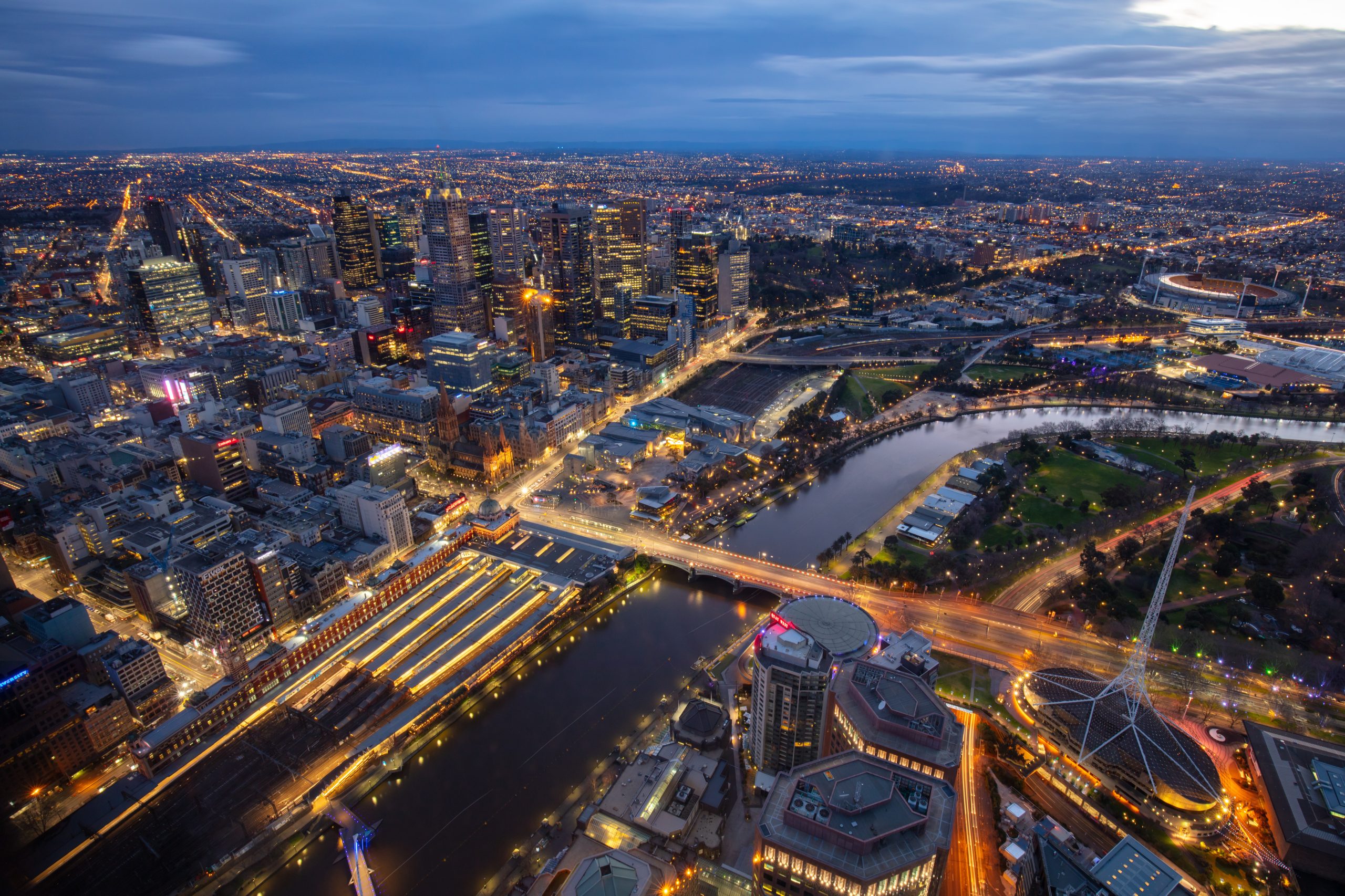 Night time just before sunrise over Melbourne CBD in Victoria, Australia